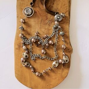 Silky brown ribbon Pearly beads and funky silver pieces silver necklace NWOT